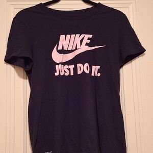"The Nike Tee", black t-shirt with pink letters, Size Small